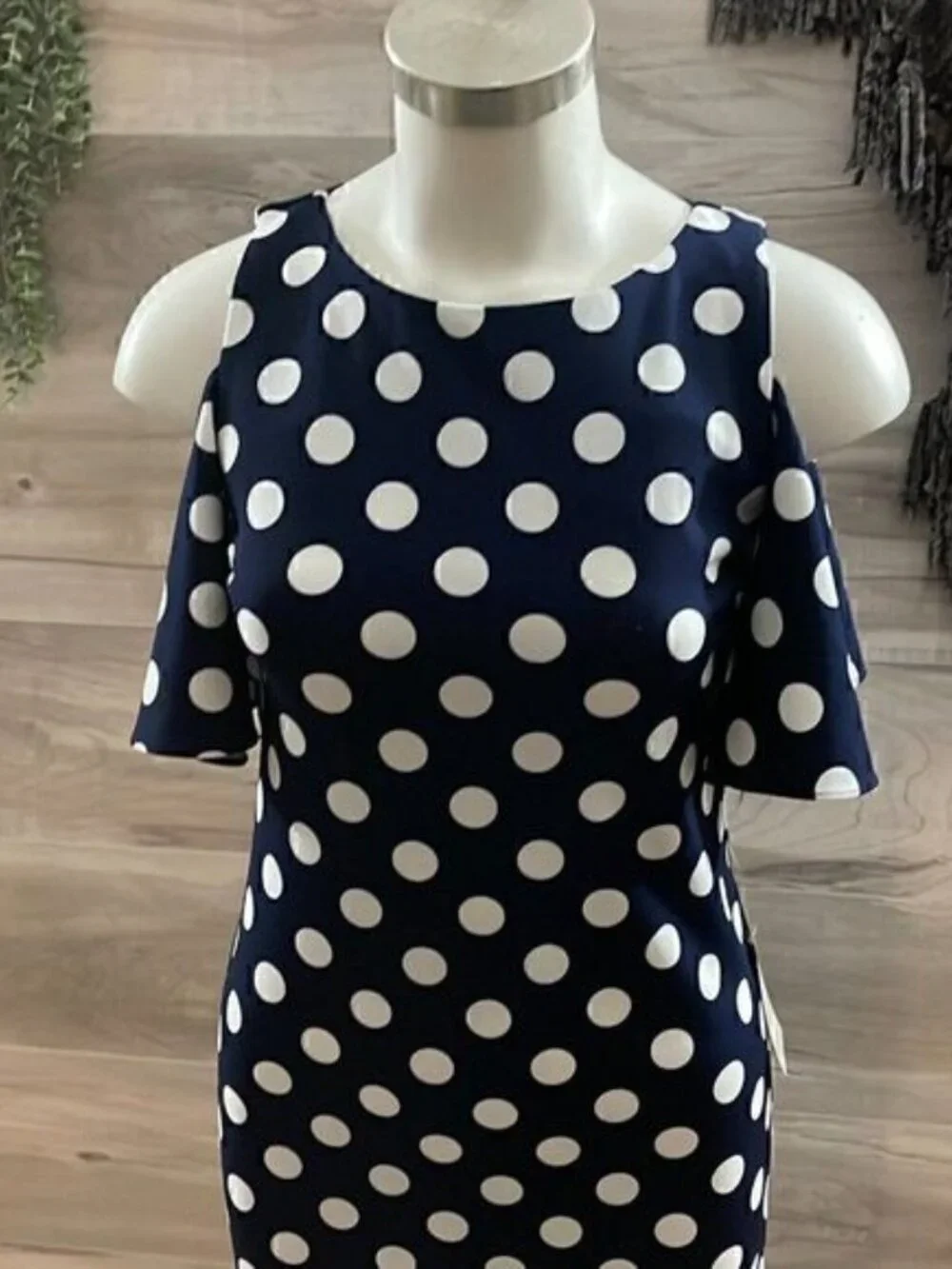 Eliza J Womens Navy Polka Dot Round Neck Cold Shoulder Sleeve Mini Dress Size 0